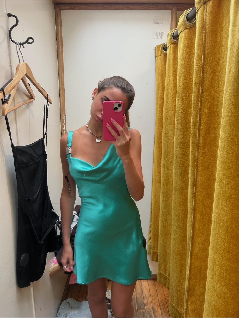 Danielle Guizio Teal Satin Cowl Neck Mini Dress